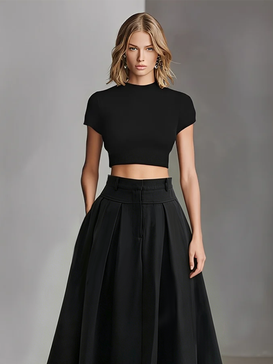 Women's Black Set with Short Top and Maxi Dress, Elegant-Classical Style (Without Belt) MDZ1412A1I