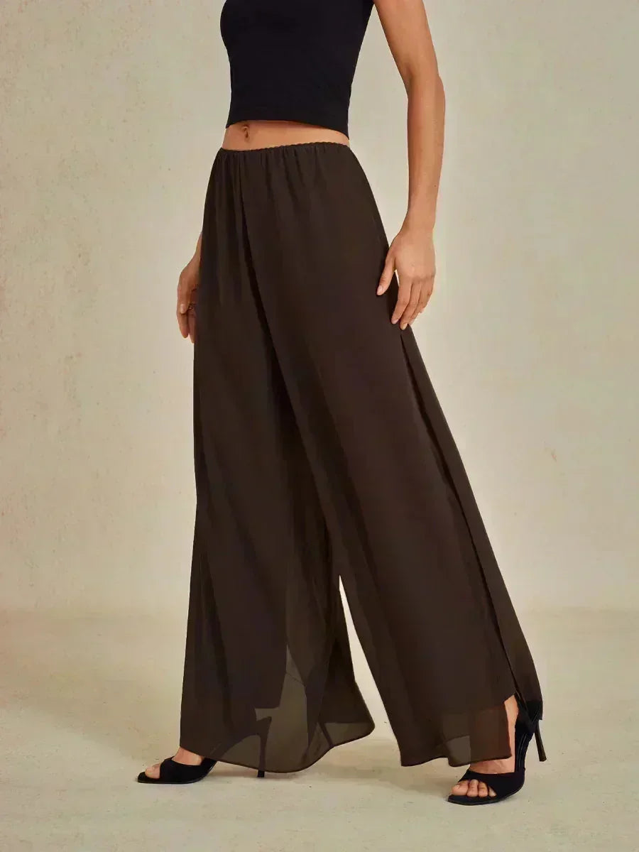 Straight Pants with Flowing Split Chiffon Layer