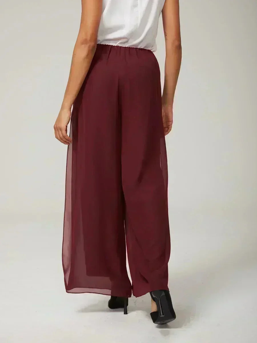Straight Pants with Flowing Split Chiffon Layer