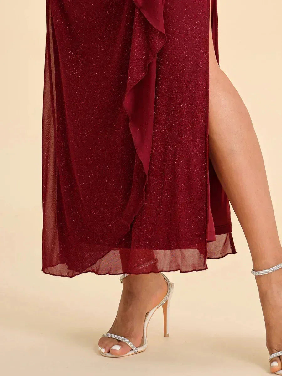 Sparkling Mesh Ankle-Length Dresses with Off-Shoulder Sleeves