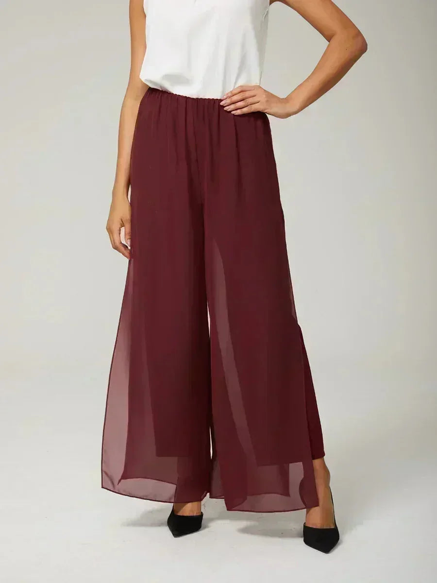 Straight Leg Pants with Chiffon Layer and Cut