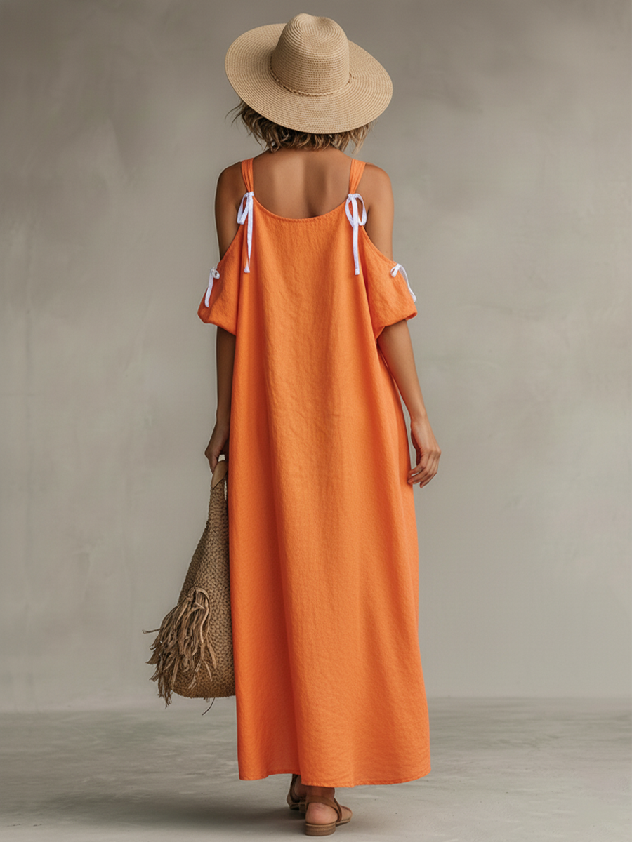 Tamar Linen Dresses with Cold Shoulder and High-Low Skirt, Timeless Boho-Resort Dress MDZ0337C4I