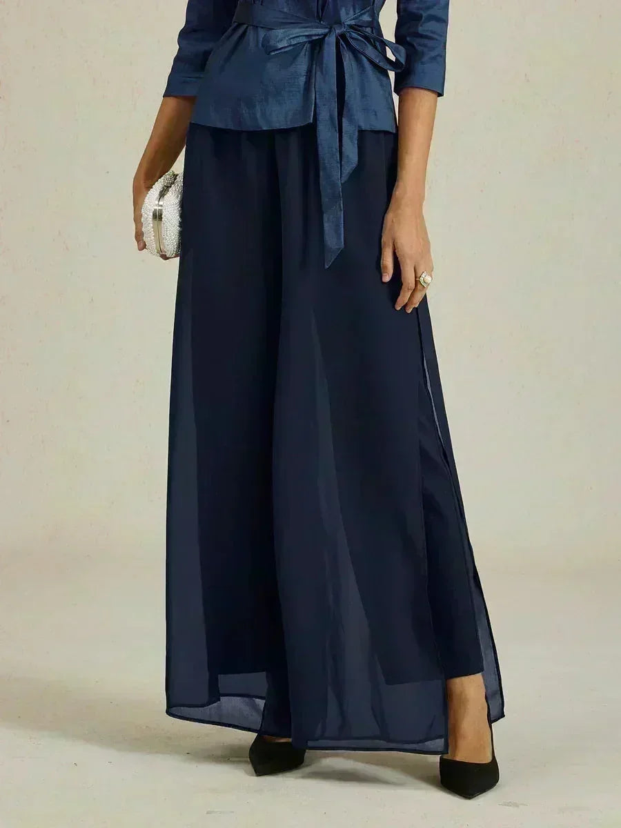 Straight Pants with Flowing Split Chiffon Layer