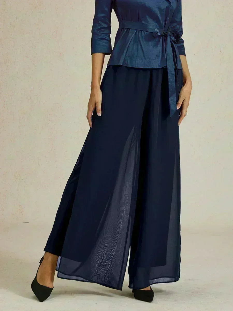 Straight Pants with Flowing Split Chiffon Layer