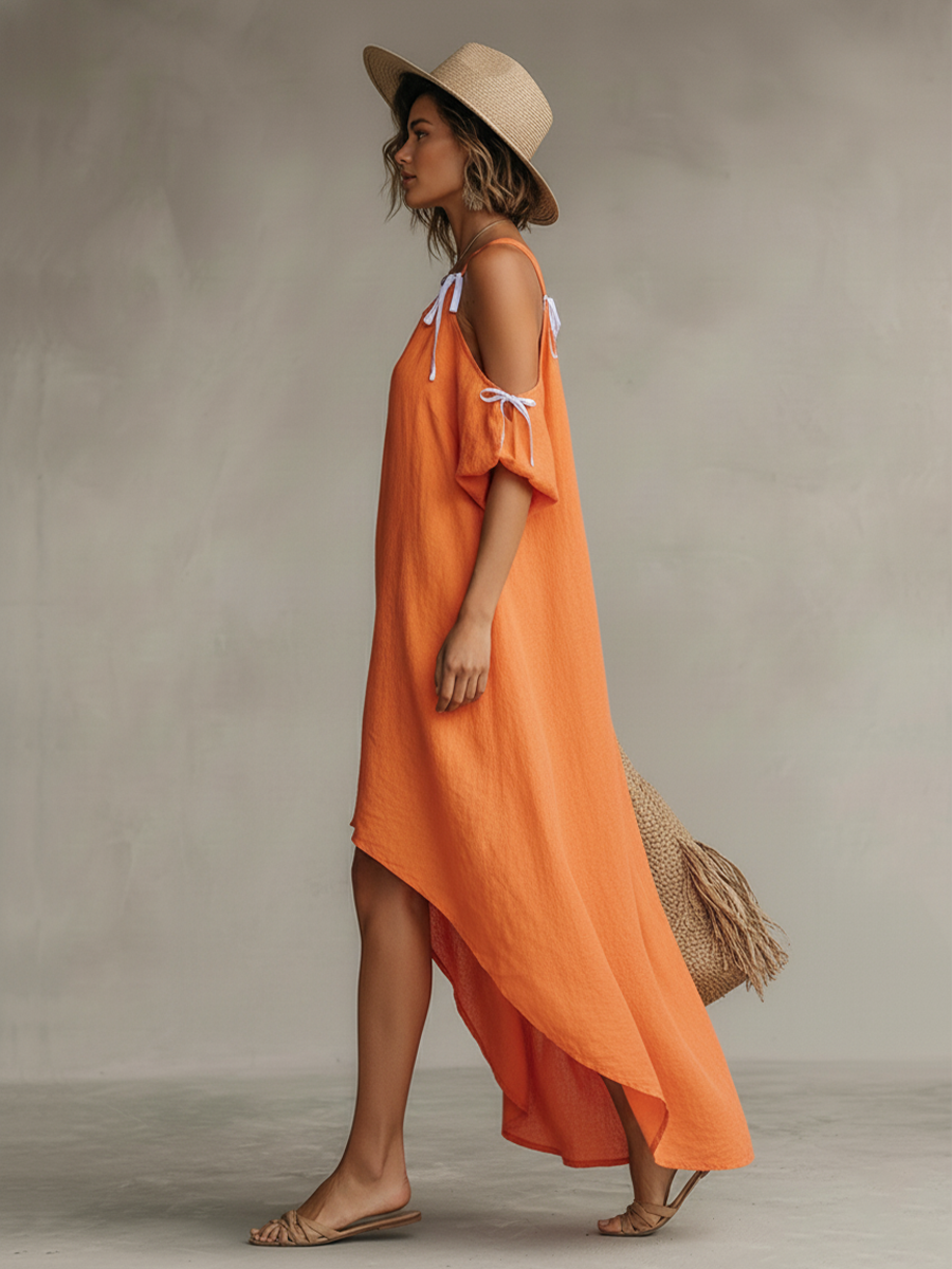 Tamar Linen Dresses with Cold Shoulder and High-Low Skirt, Timeless Boho-Resort Dress MDZ0337C4I