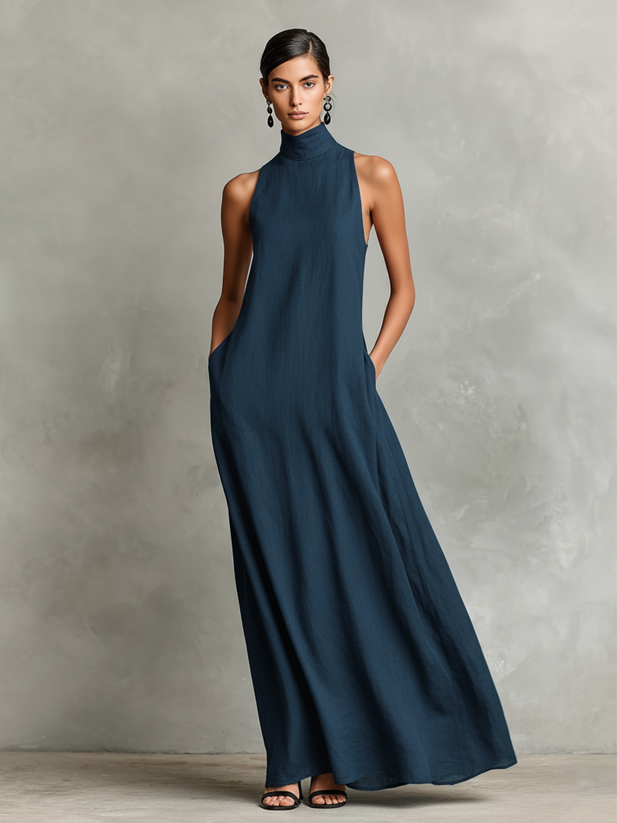 Black Maxi Dresses for Women with High Collar and Side Pockets, Classic Minimalist Dress MDZ2597D7LYL