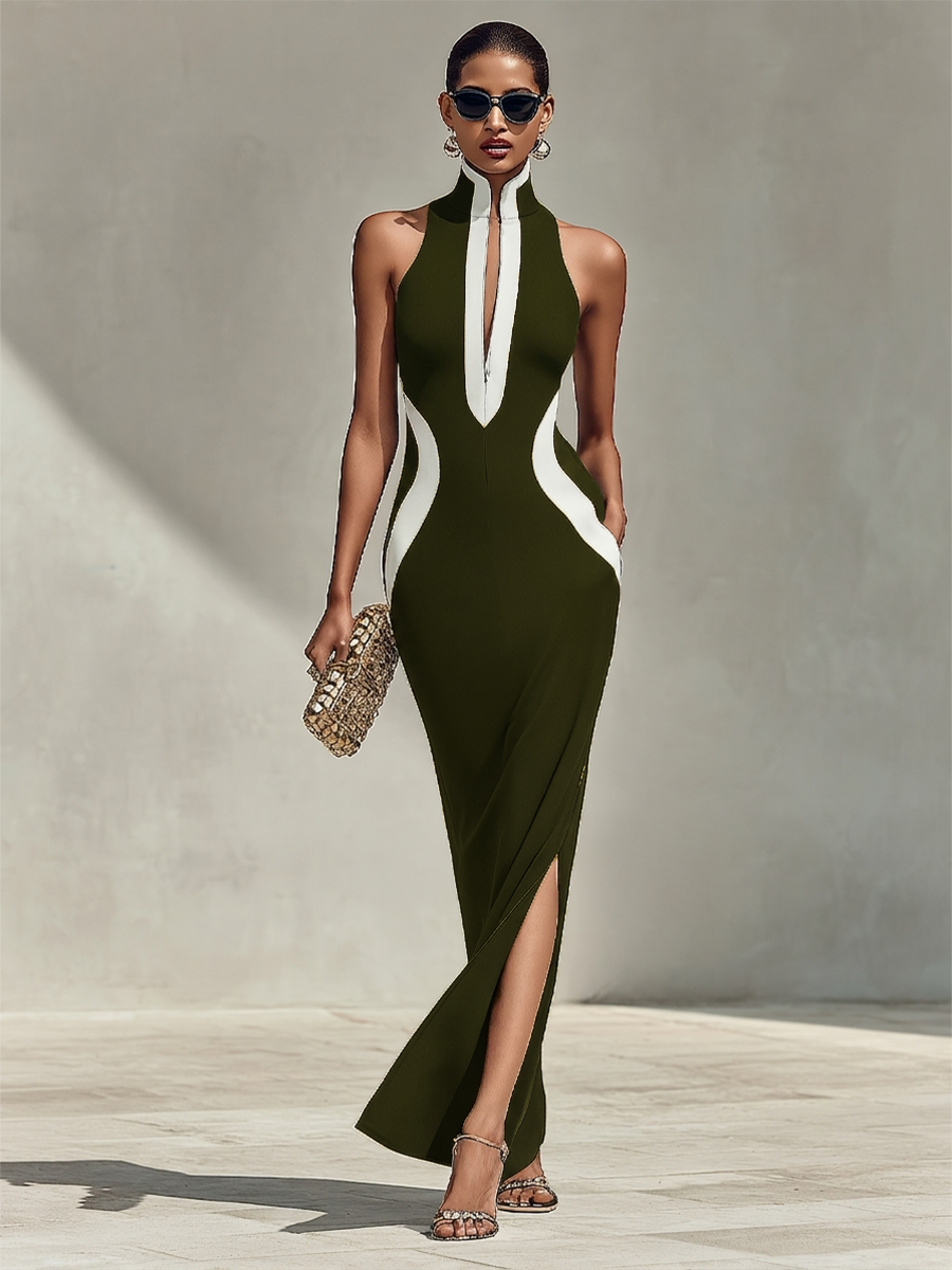 Evening dresses for women in Navy and white with a front zipper and side slit, elegant formal dress with ease MDZ1519D1LYL