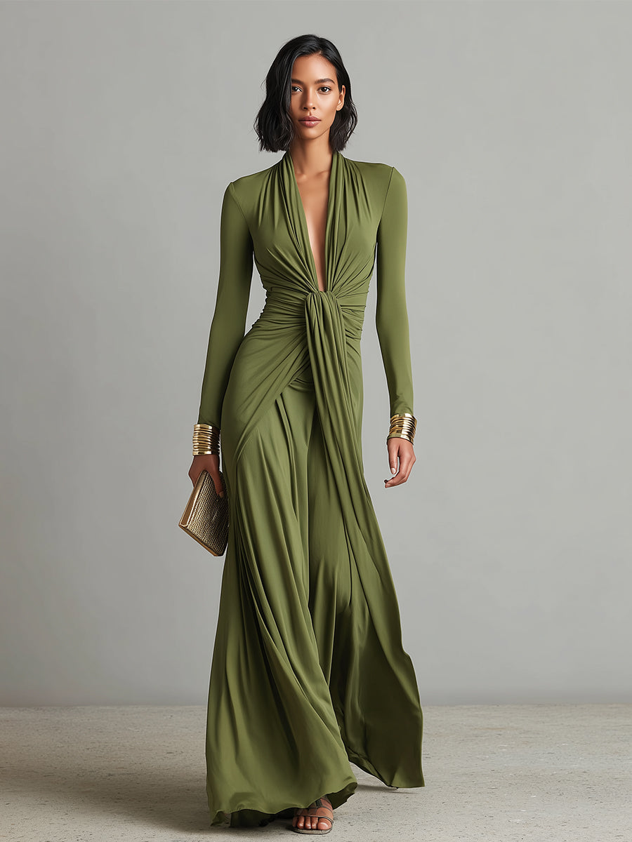 Olive Silk Women's Dress with a Fitted Cut, Deep V Neckline, and Crinkled Details, Shimmering Maxi Dress MDA0509L8I