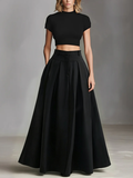 Women's Black Set with Short Top and Maxi Dress, Elegant-Classical Style (Without Belt) MDZ1412A1I