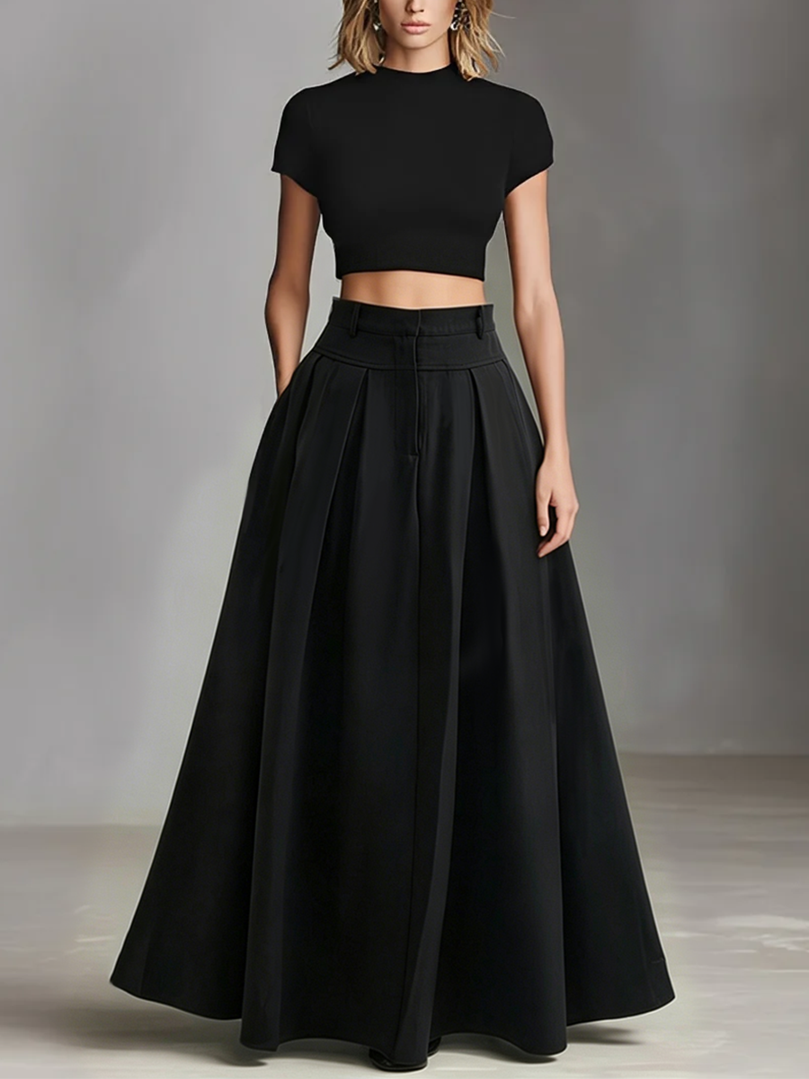 Women's Black Set with Short Top and Maxi Dress, Elegant-Classical Style (Without Belt) MDZ1412A1I