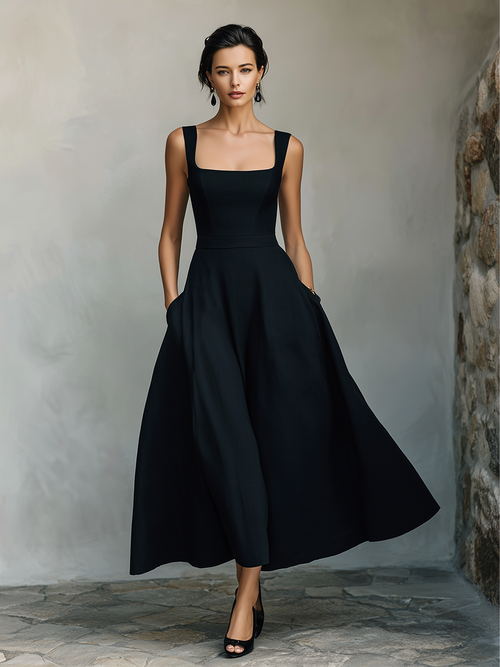 Black Maxi Dresses for Women Made of Cotton with a Wide Square Neckline, Thick Straps, and Side Pockets, Elegant Minimalist Swing Dress MDZ2269F2LYL