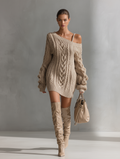 Trendy Mini Dress for Women in Beige with Cable Knit MDA1314J6T