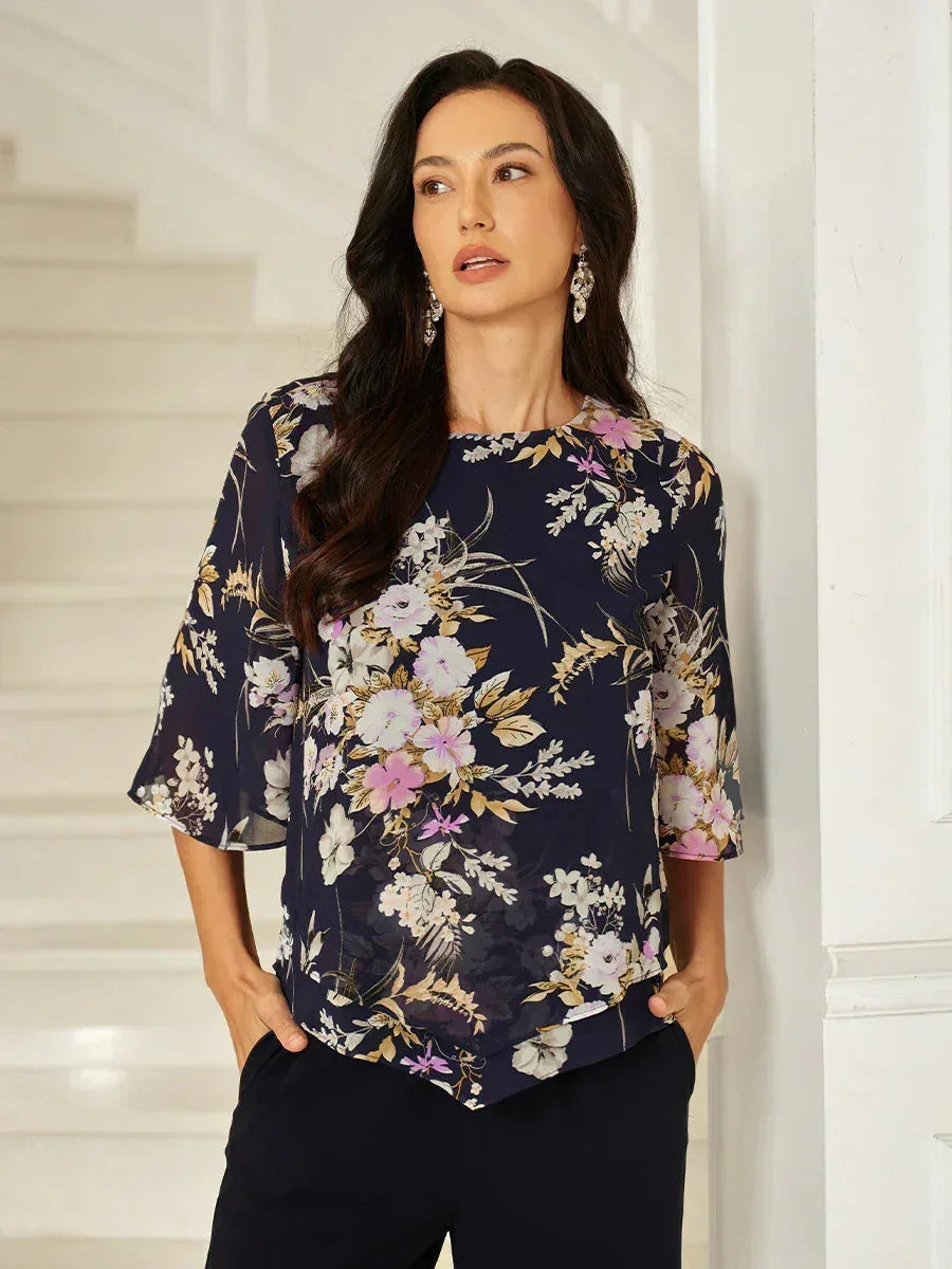 Floral Silk Top with Layered Hem