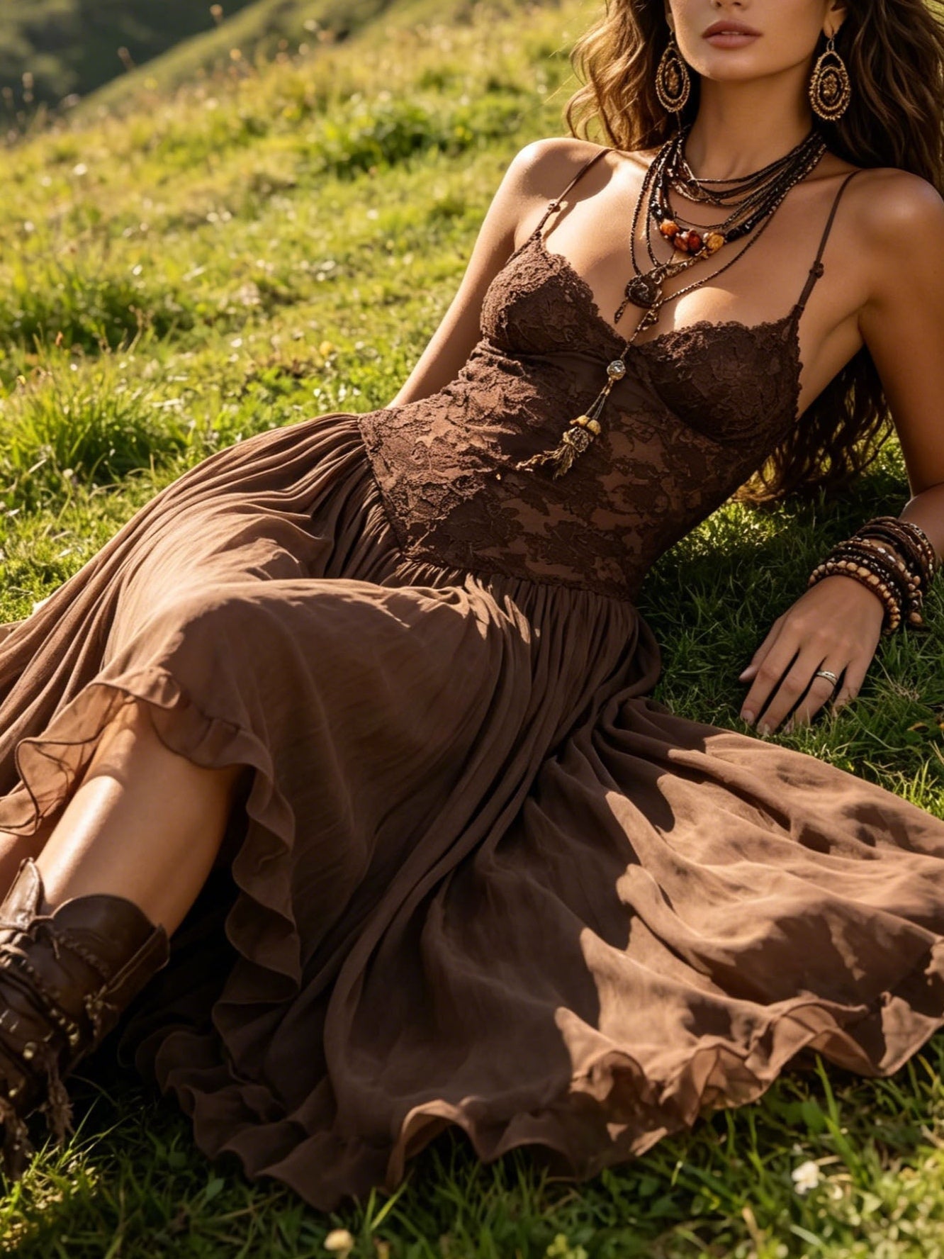 Maxi chiffon dresses with lace panels in dark brown