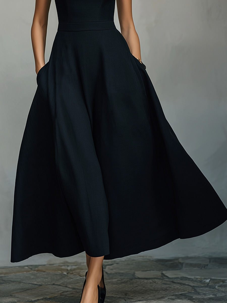 Black Maxi Dresses for Women Made of Cotton with a Wide Square Neckline, Thick Straps, and Side Pockets, Elegant Minimalist Swing Dress MDZ2269F2LYL