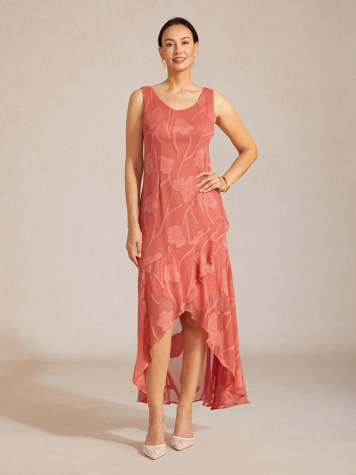 Sleeveless Evening Dresses in Floral Chiffon with Asymmetrical Hem