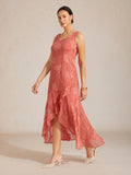 Sleeveless Evening Dresses Made of Floral Chiffon with Asymmetrical Hem