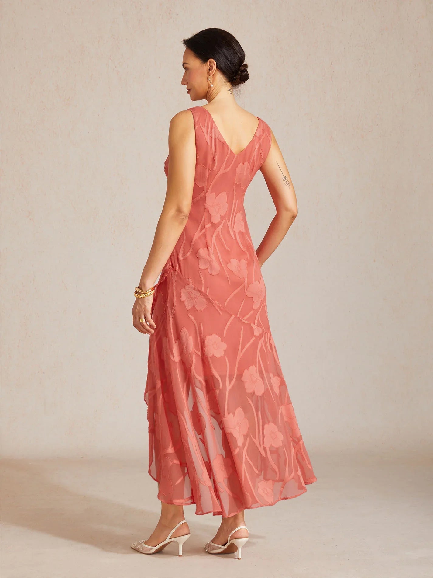 Sleeveless Floral Silk Evening Dresses with Asymmetrical Hem