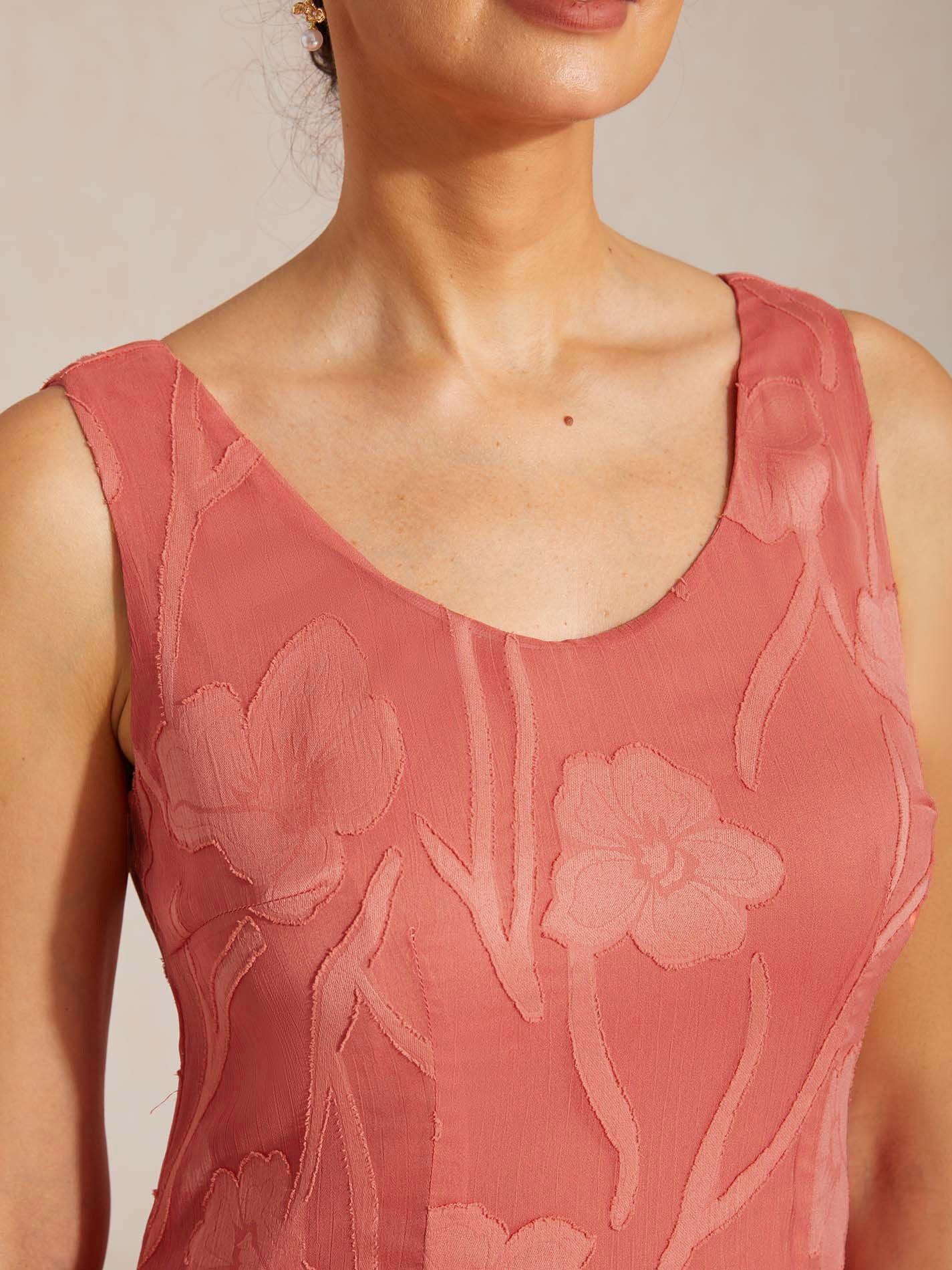 Sleeveless Evening Dress in Floral Chiffon with Asymmetrical Hem