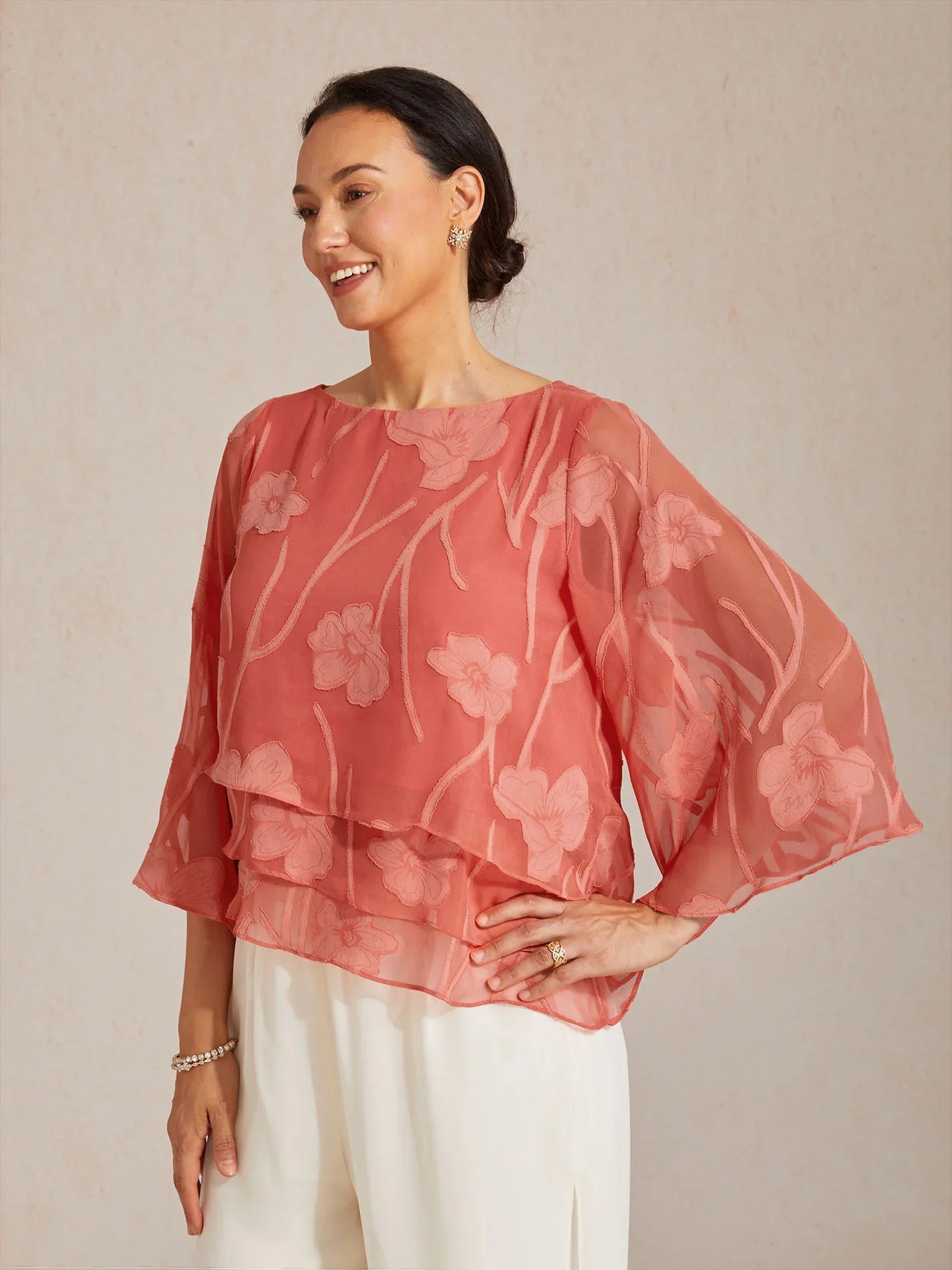 Layered chiffon blouse with floral pattern