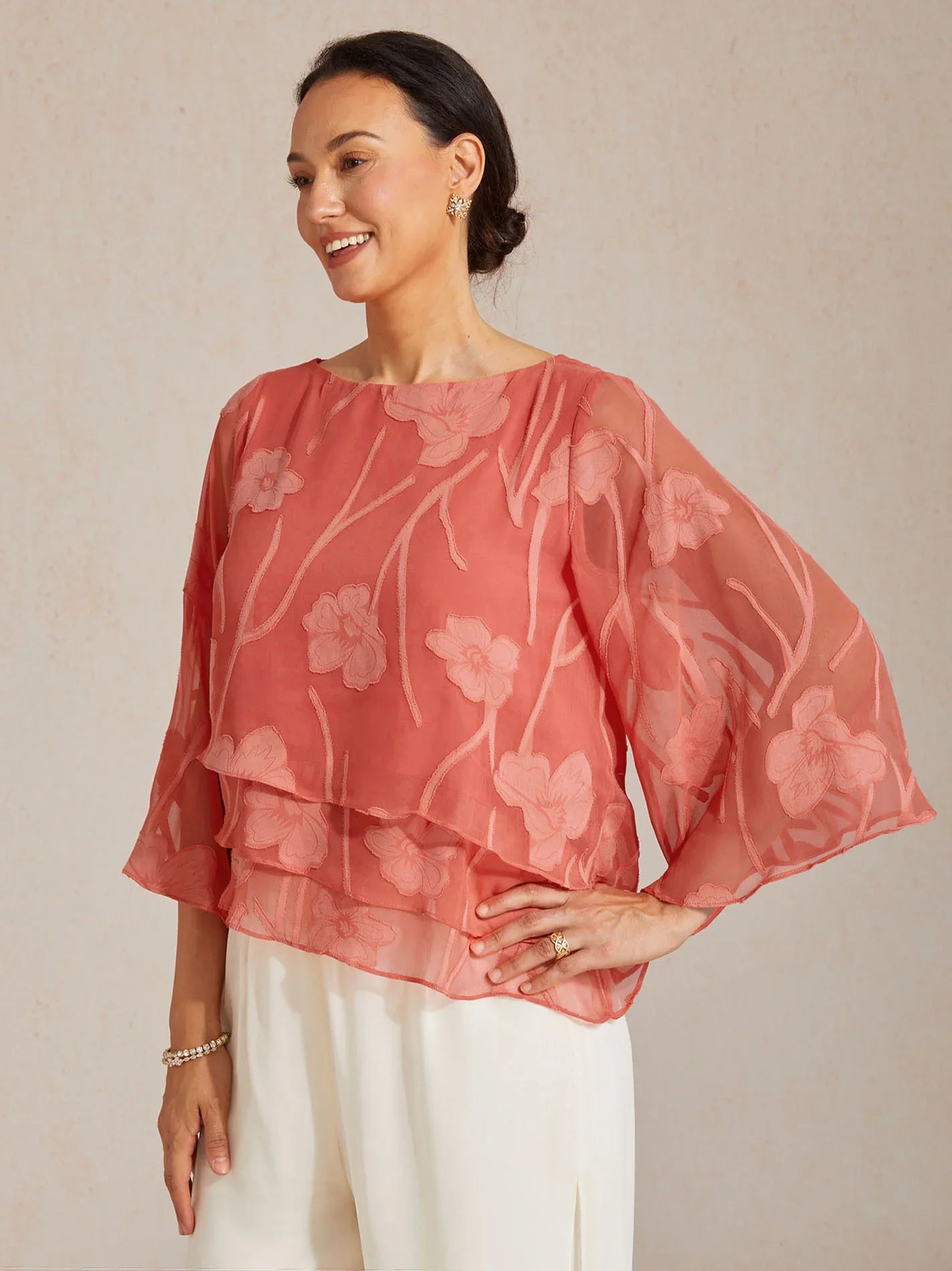 Layered chiffon blouse with floral pattern