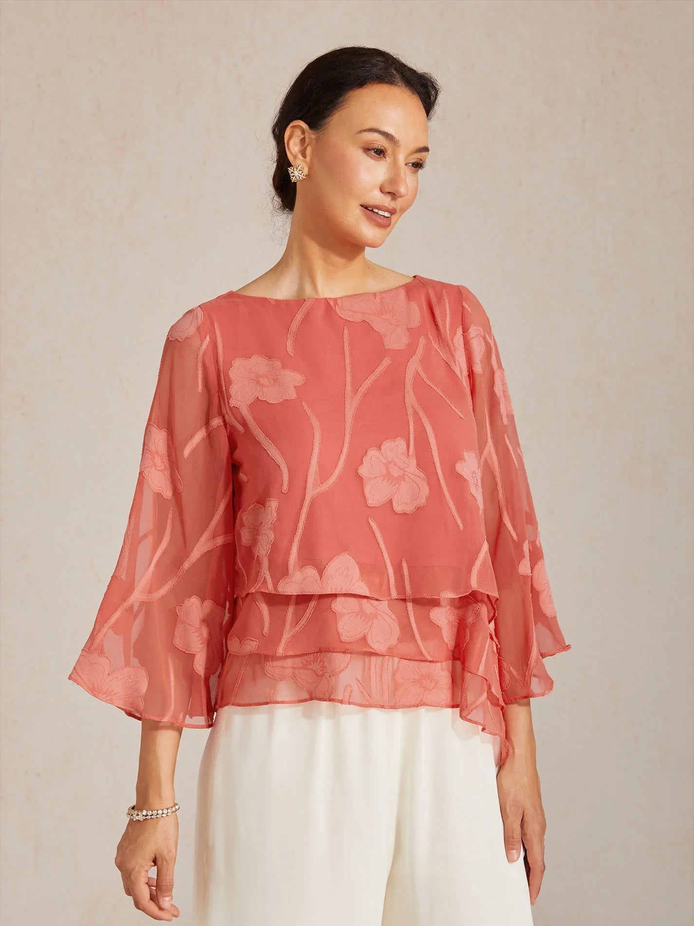 Layered chiffon blouse with floral pattern