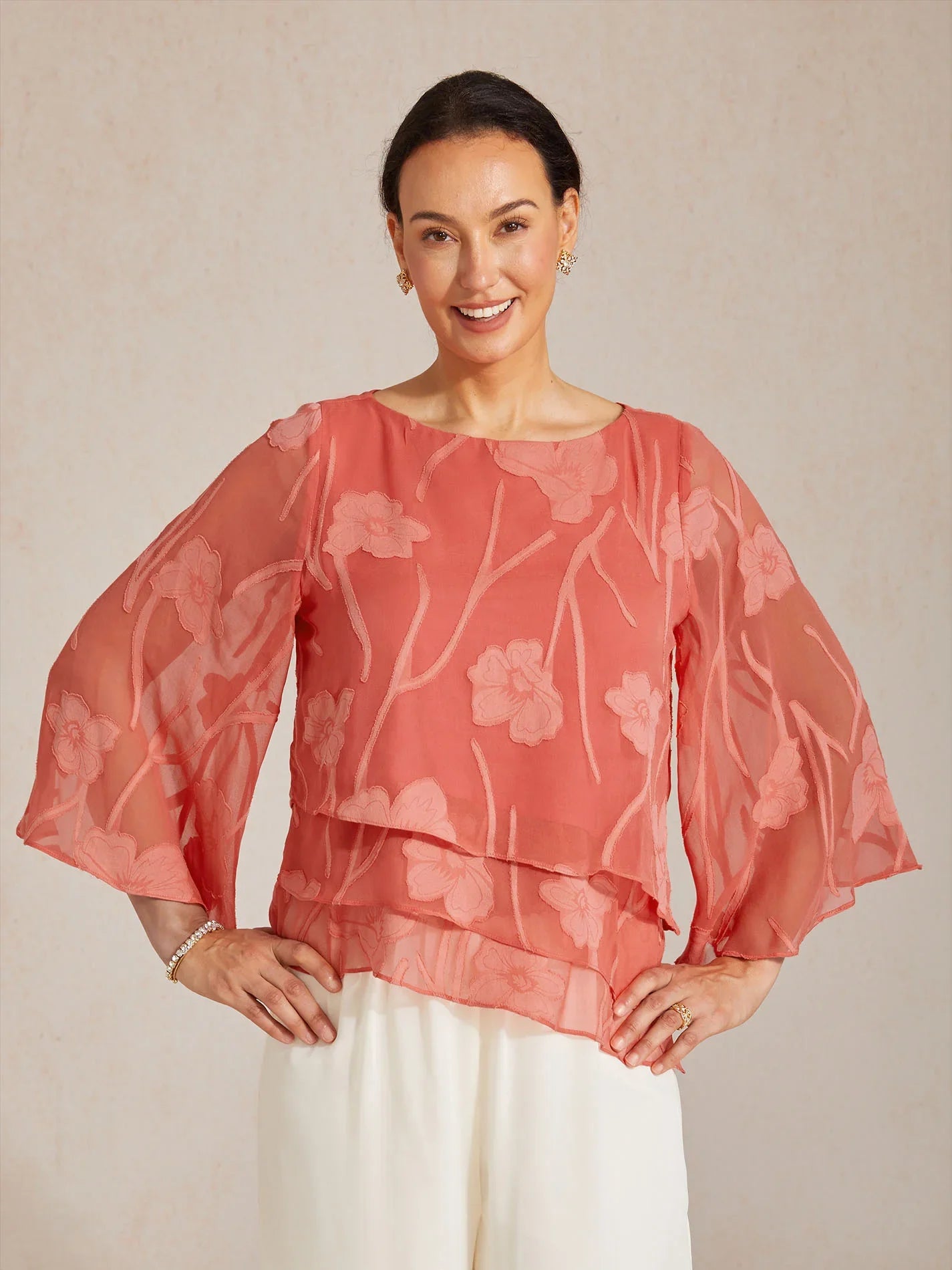 Layered chiffon blouse with flowers