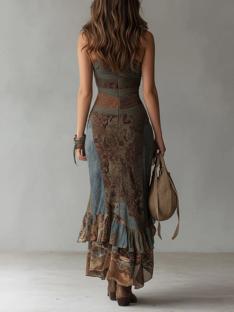Elena ∙ Asymmetrical Mini Dress with One Sleeve in Ethnic Print and High Slits