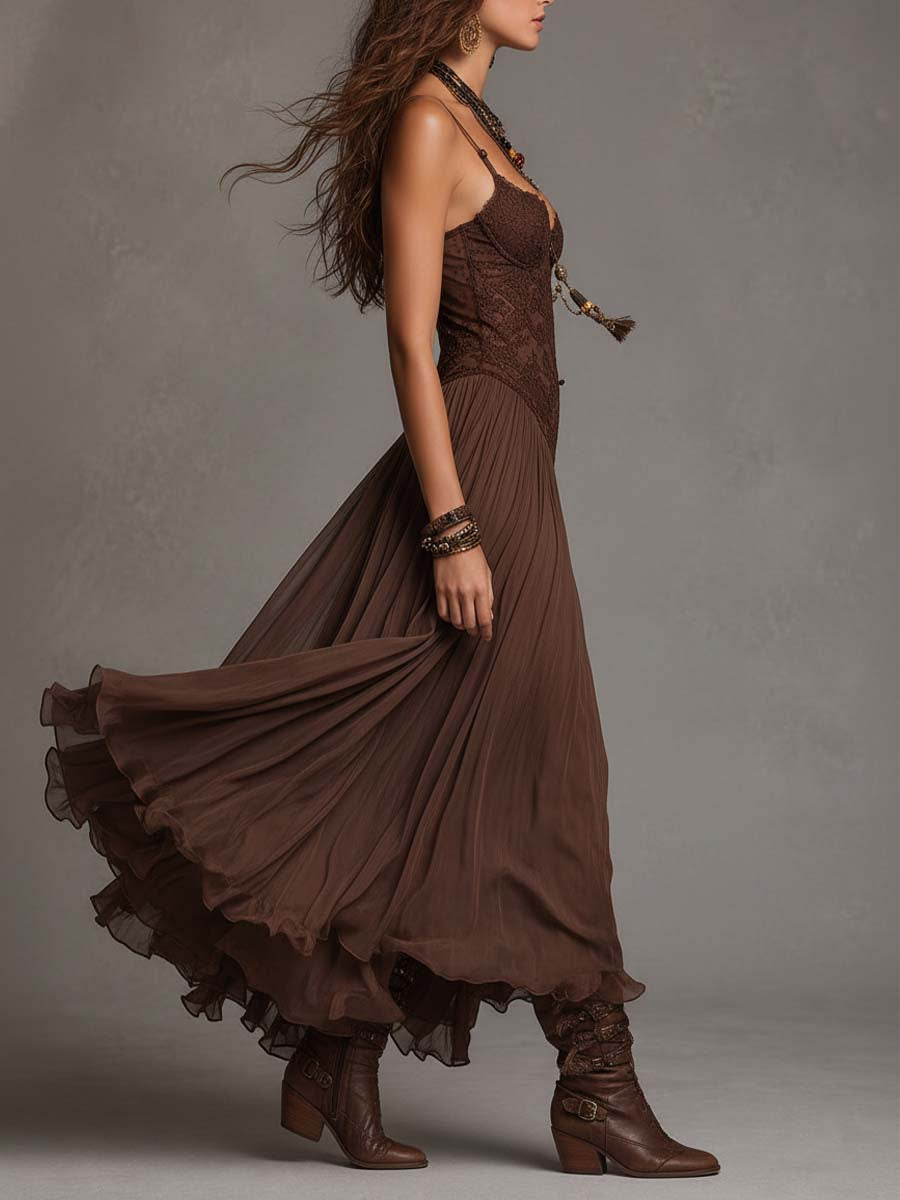 Maxi chiffon dresses with lace panels in dark brown