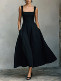 Black Maxi Dresses for Women Made of Cotton with a Wide Square Neckline, Thick Straps, and Side Pockets, Elegant Minimalist Swing Dress MDZ2269F2LYL
