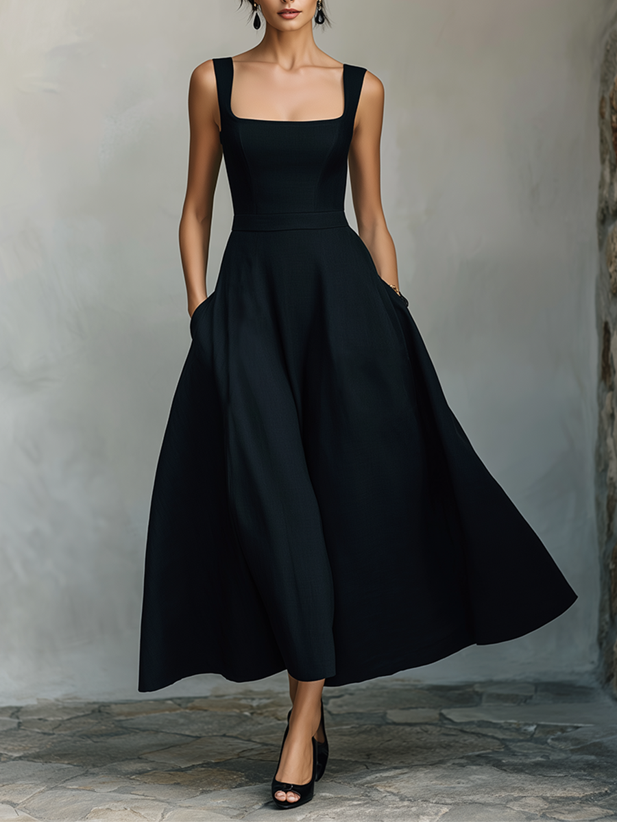 Black Maxi Dresses for Women Made of Cotton with a Wide Square Neckline, Thick Straps, and Side Pockets, Elegant Minimalist Swing Dress MDZ2269F2LYL