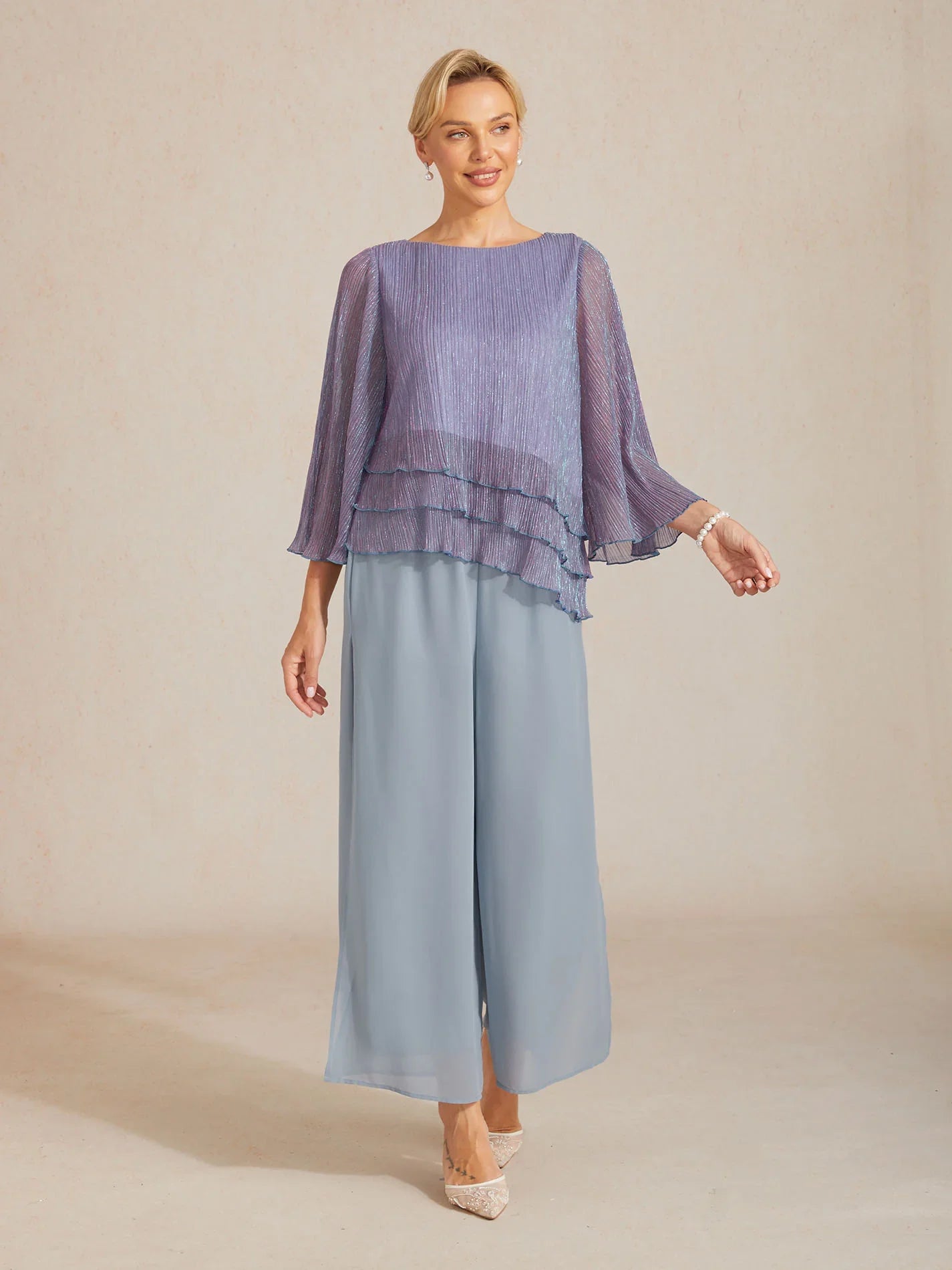 Asymmetrical Layered Shirt in Crinkled Metallic Chiffon