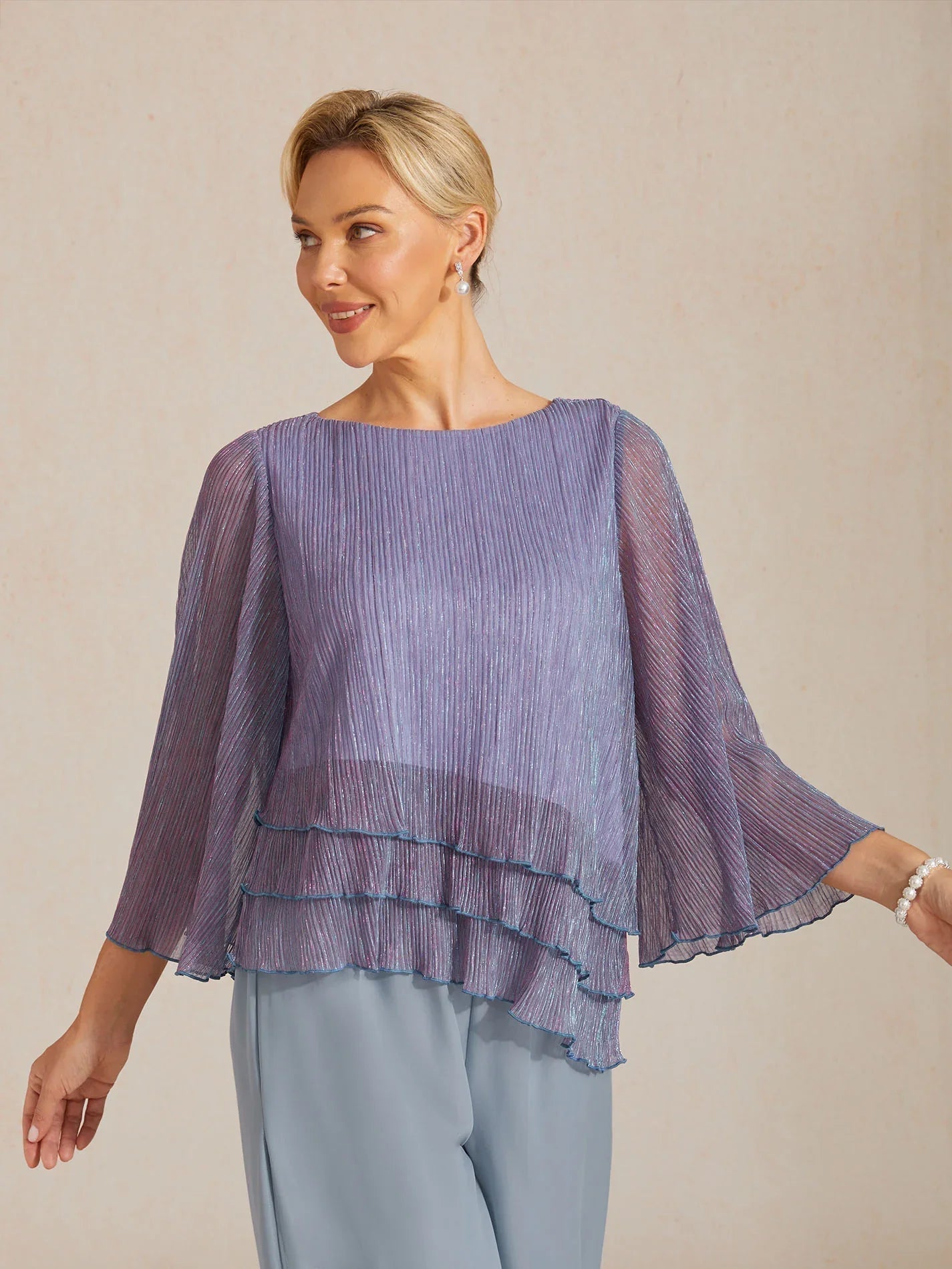 Asymmetrical Layered Shirt in Crinkled Metallic Chiffon