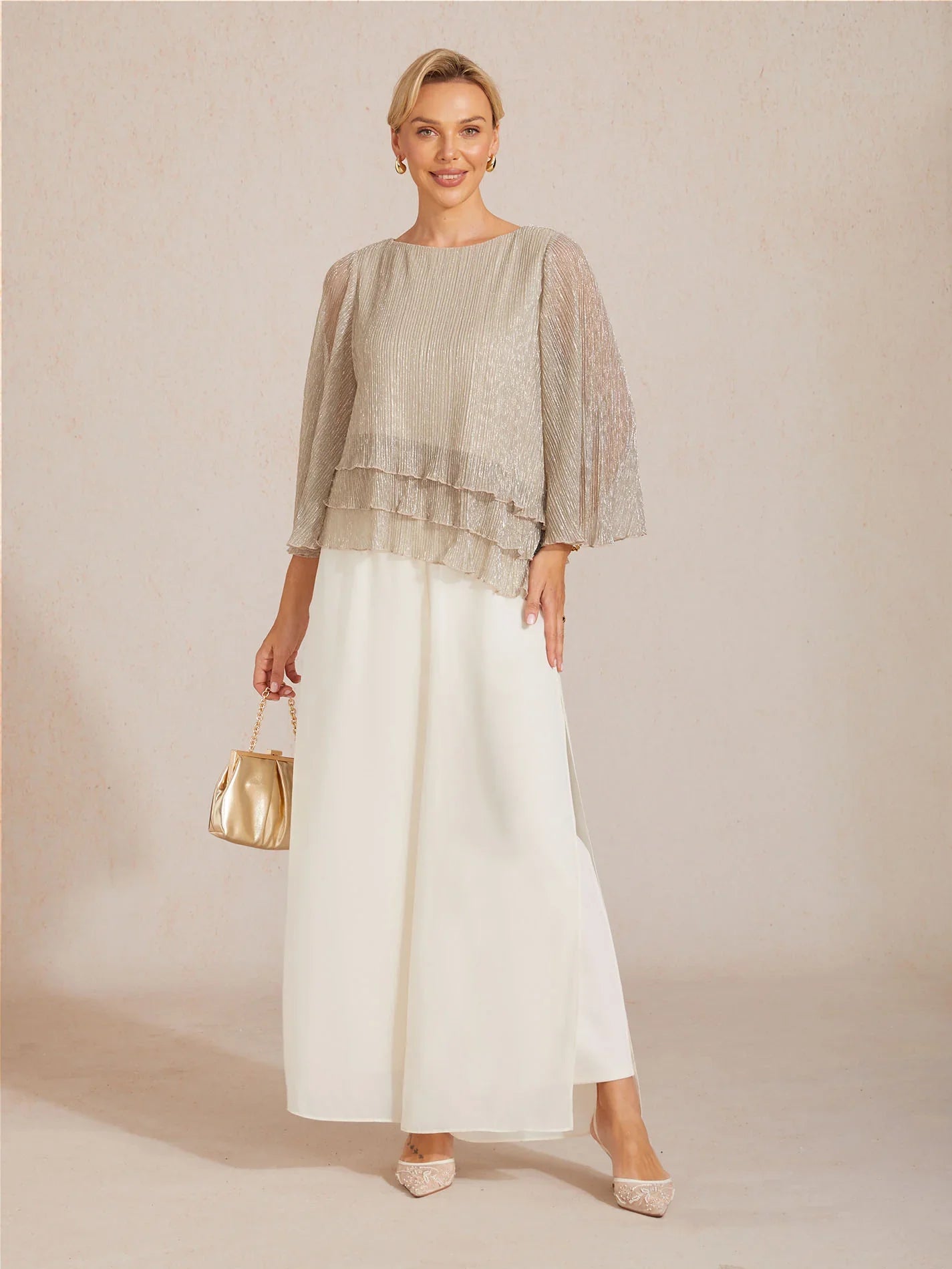 Asymmetrical Layered Shirt in Crinkled Metallic Chiffon