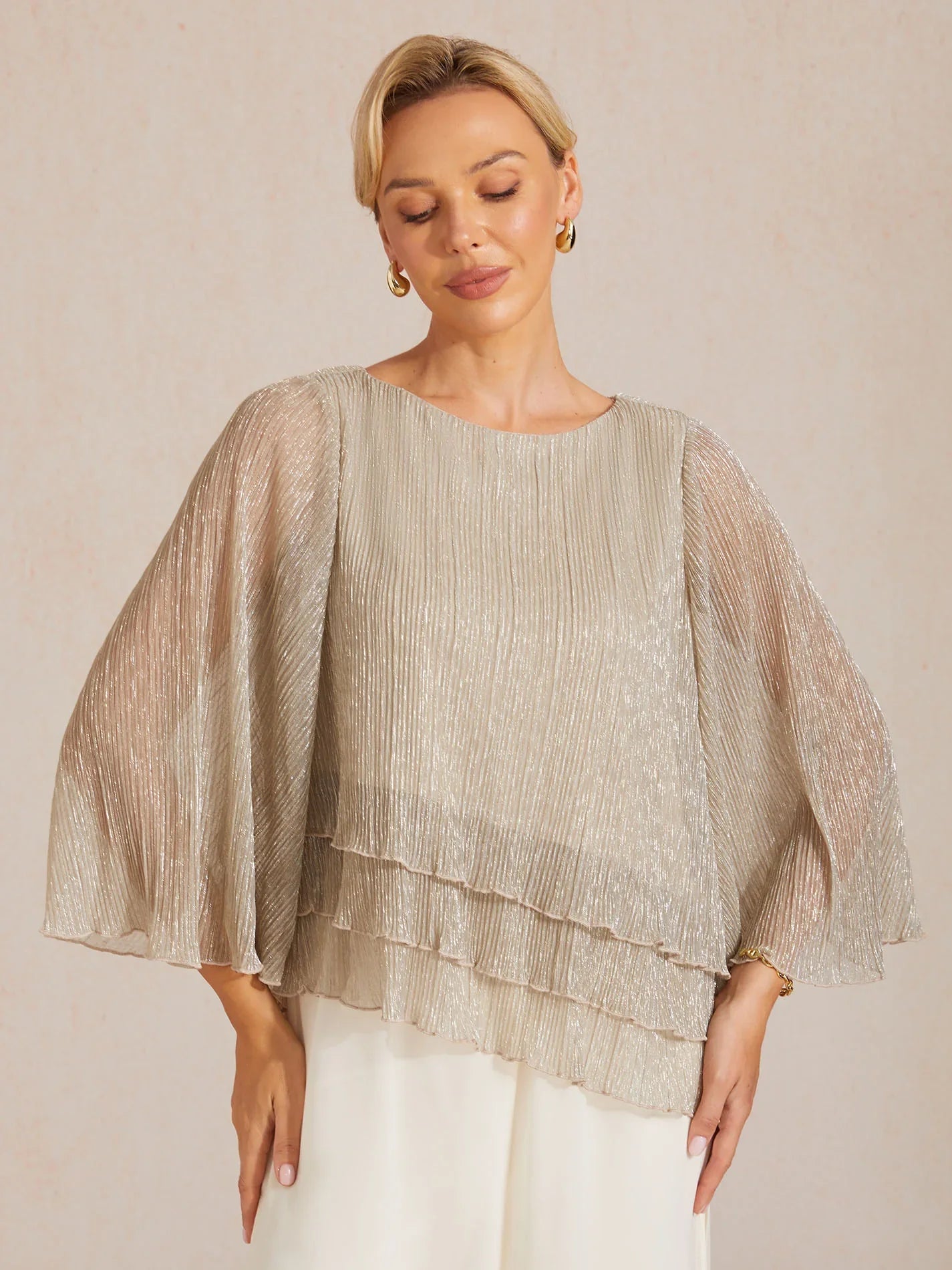 Asymmetrical Layered Shirt in Crinkled Metallic Chiffon