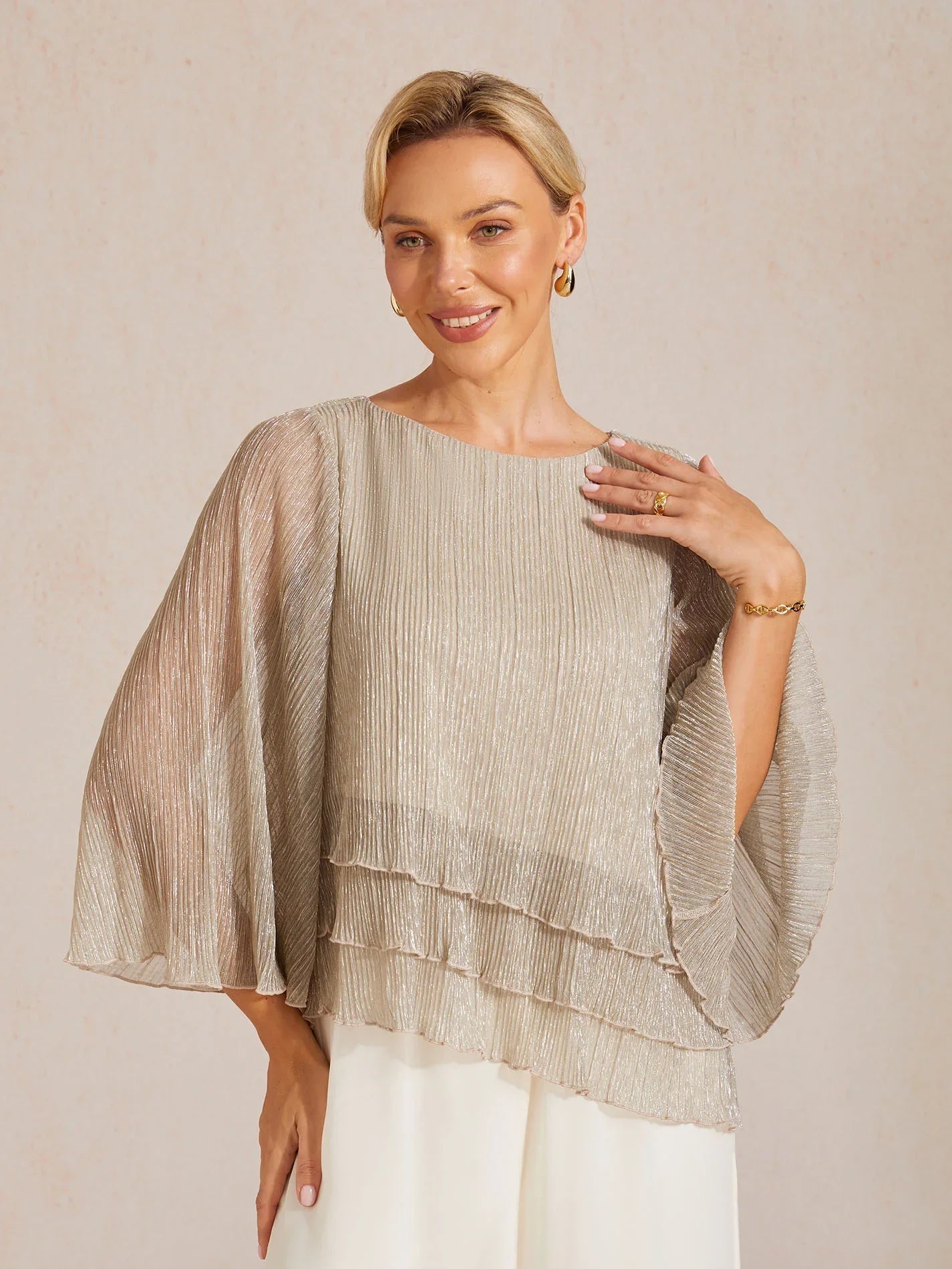 Asymmetrical Layered Shirt in Crinkled Metallic Chiffon