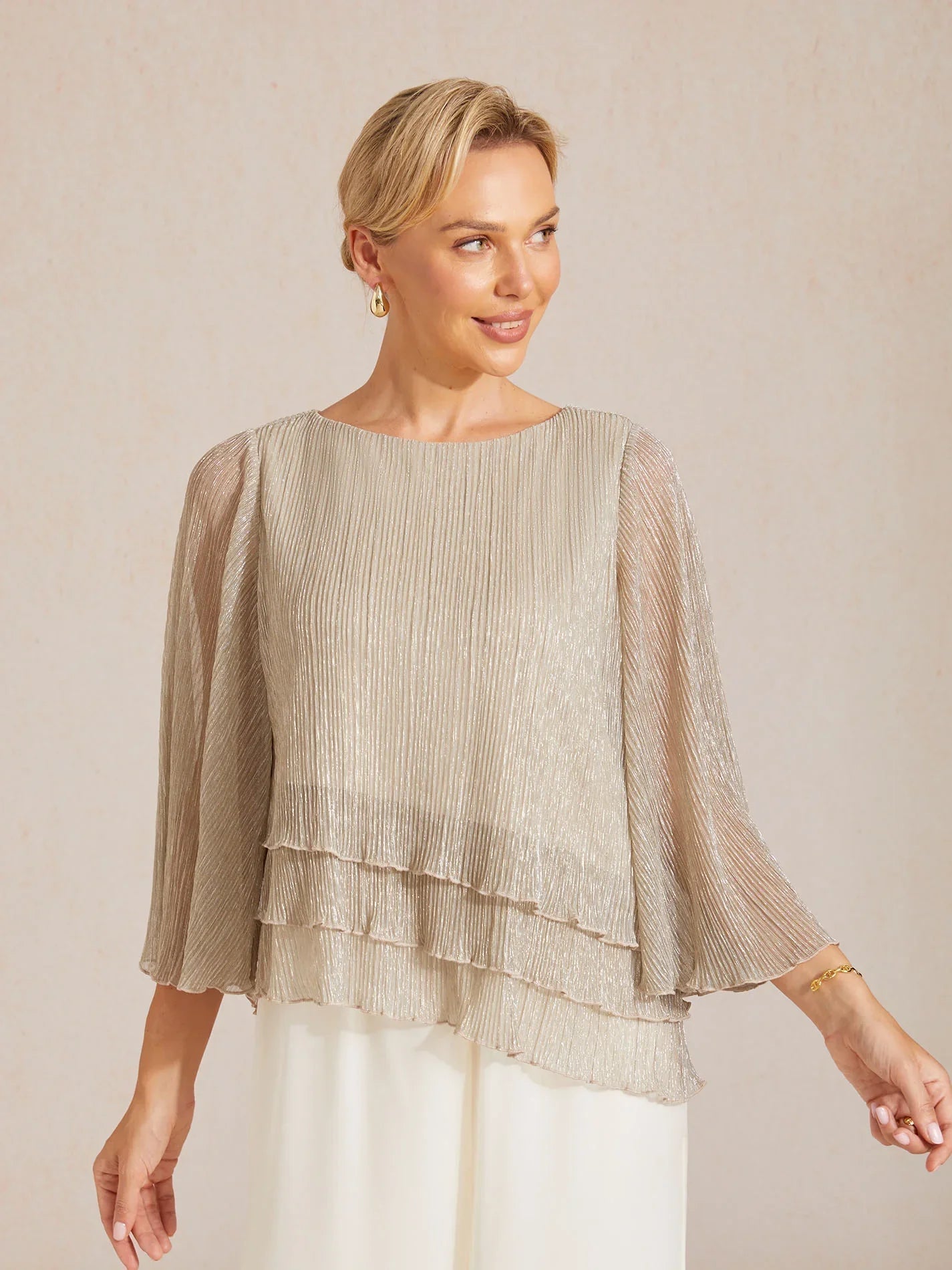 Asymmetrical Layered Shirt in Crinkled Metallic Chiffon