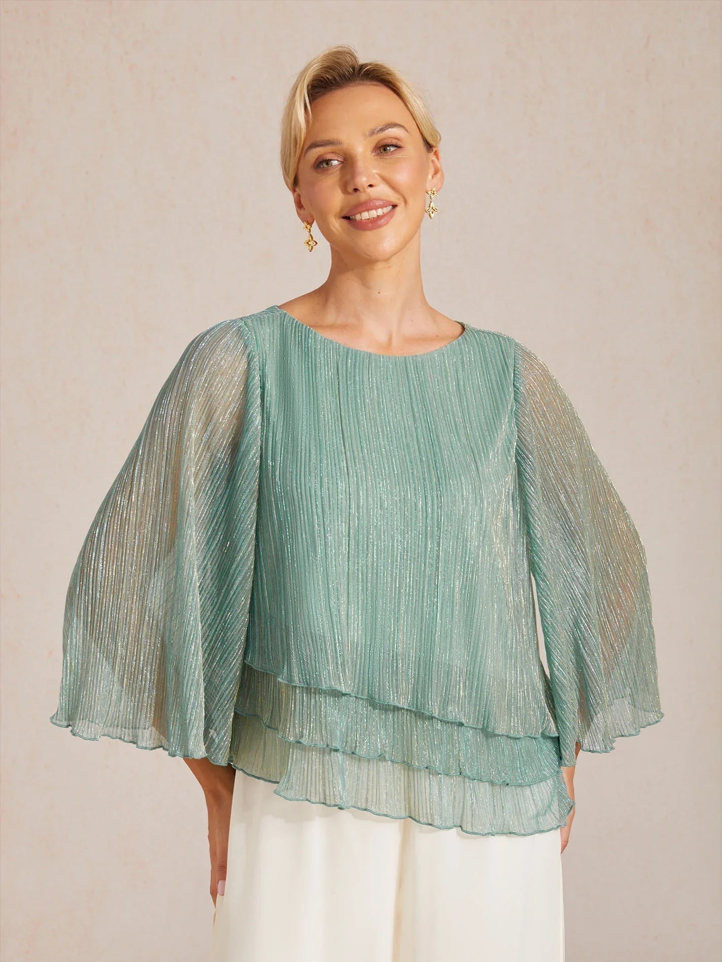 Asymmetrical Layered Shirt in Crinkled Metallic Chiffon