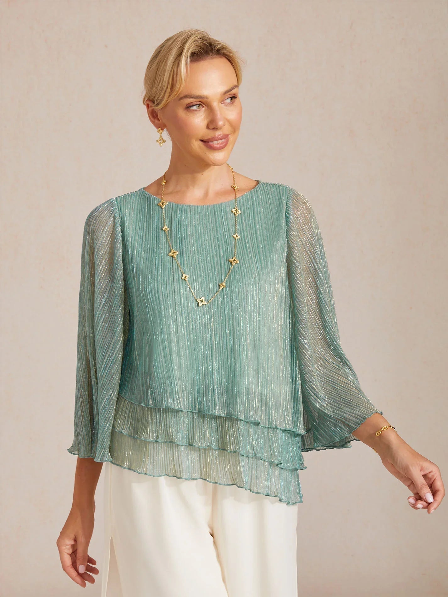 Asymmetrical Layered Shirt in Crinkled Metallic Chiffon