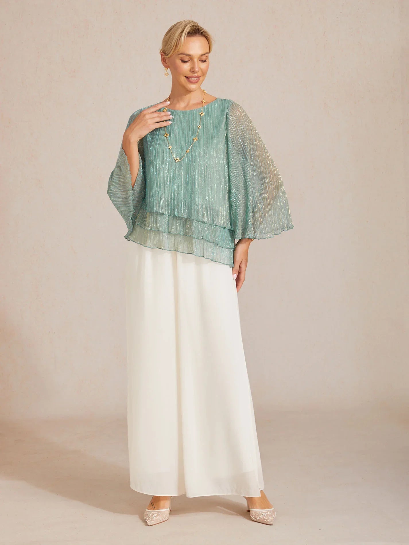 Asymmetrical Layered Shirt in Crinkled Metallic Chiffon