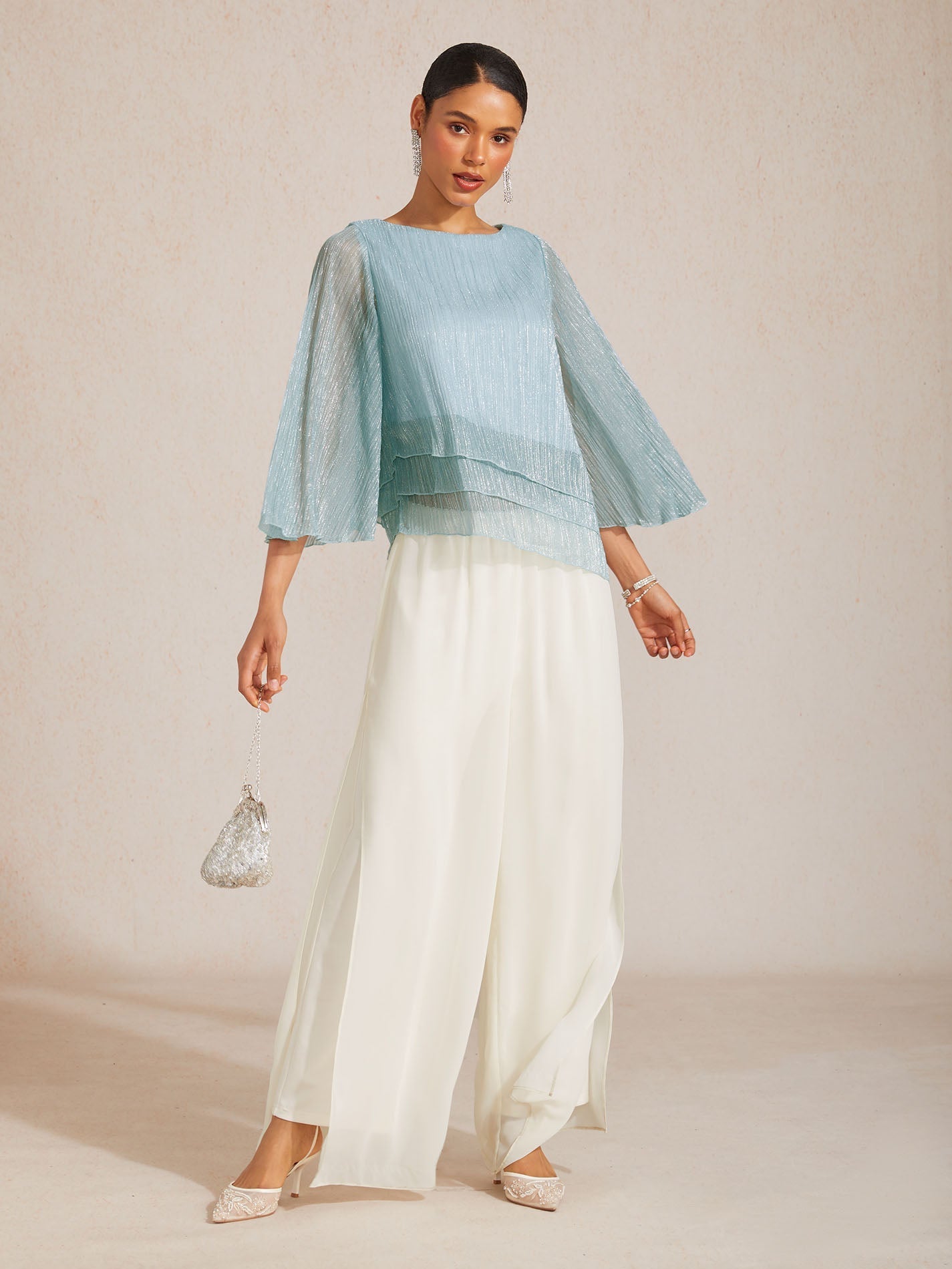 Asymmetrical Layered Shirt in Crinkled Metallic Chiffon