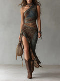Elena ∙ Asymmetrical Long Dress with One Shoulder, Ethnic Print and High Slits
