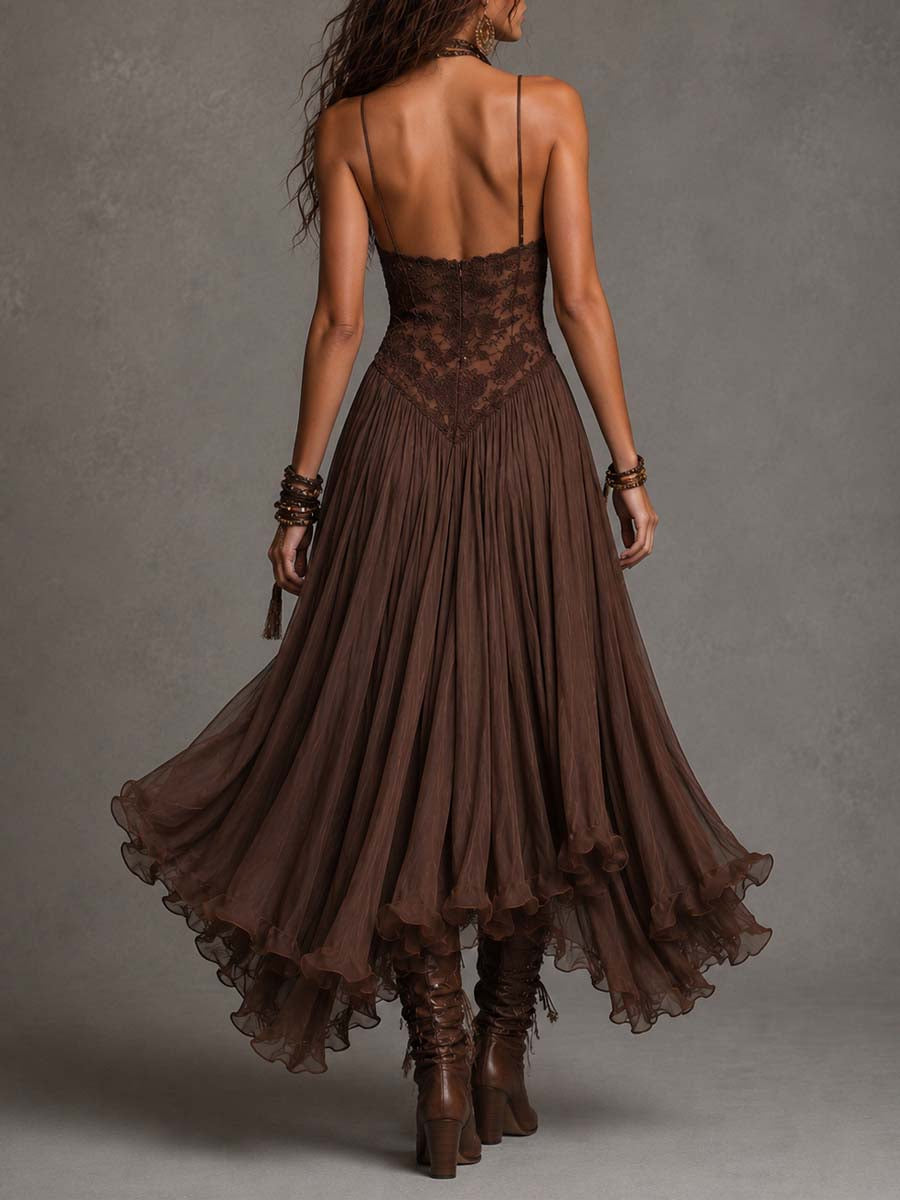 Maxi chiffon dresses with lace panels in dark brown