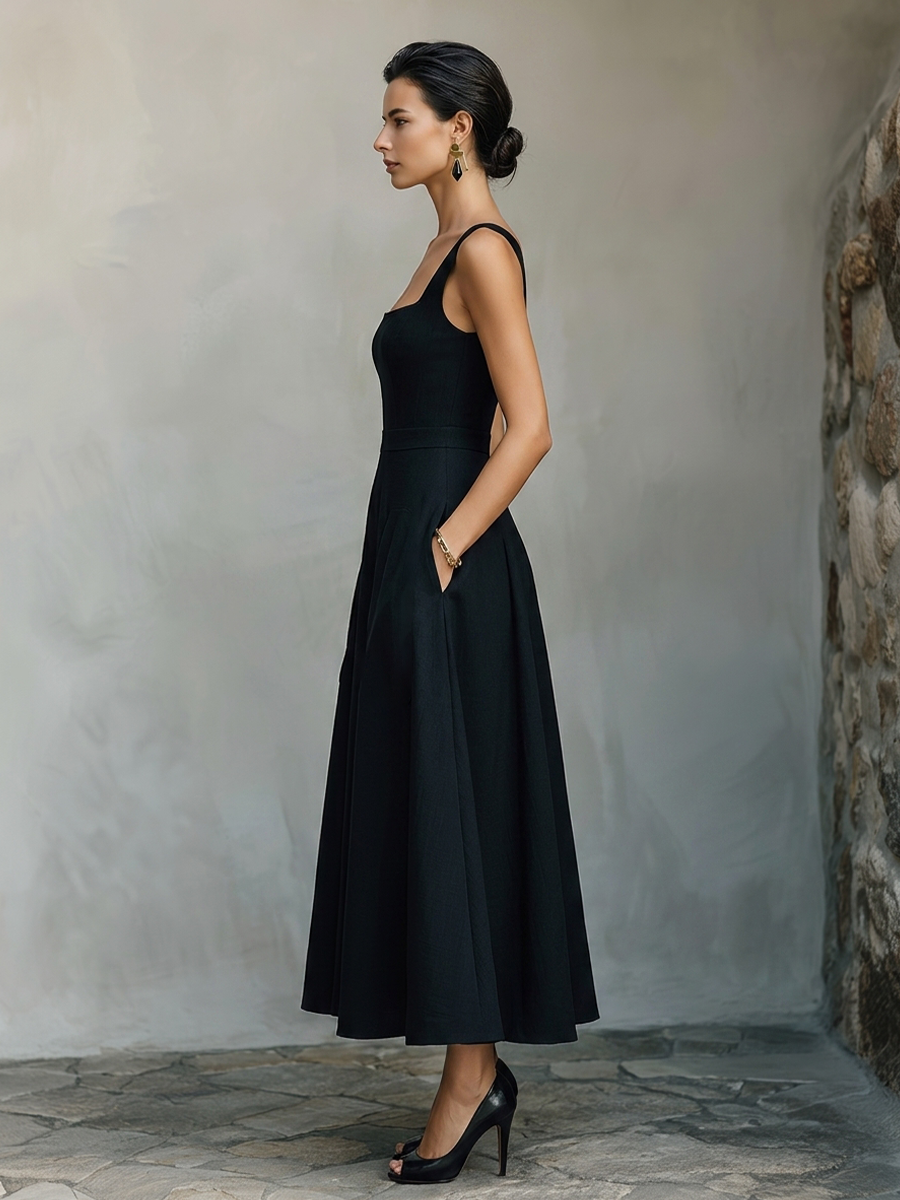 Black Maxi Dresses for Women Made of Cotton with a Wide Square Neckline, Thick Straps, and Side Pockets, Elegant Minimalist Swing Dress MDZ2269F2LYL