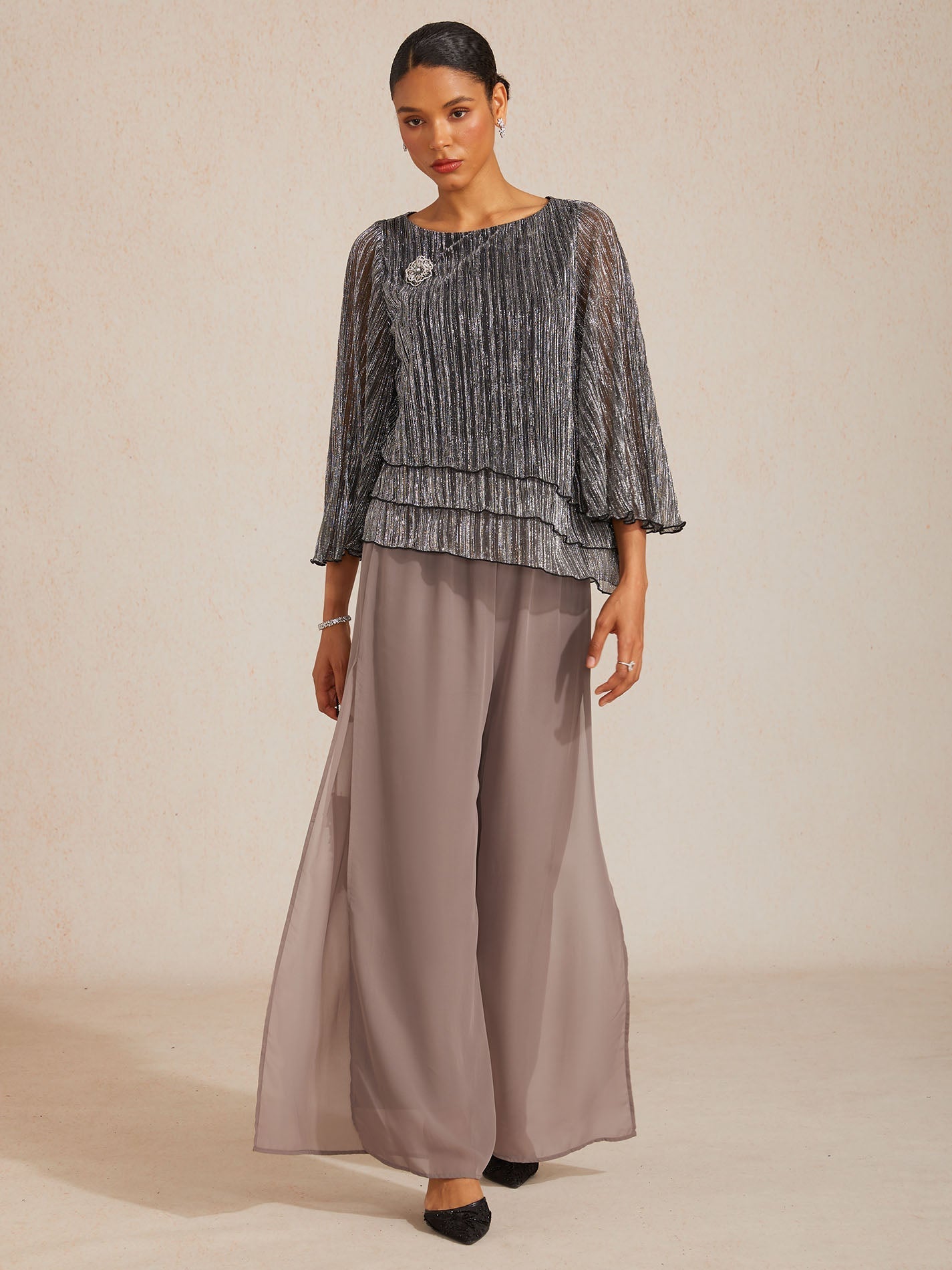 Asymmetrical Layered Shirt in Crinkled Metallic Chiffon