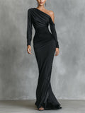 Elegant Black Maxi Dresses for Women with One Shoulder and Ruffles MDA2278I0I