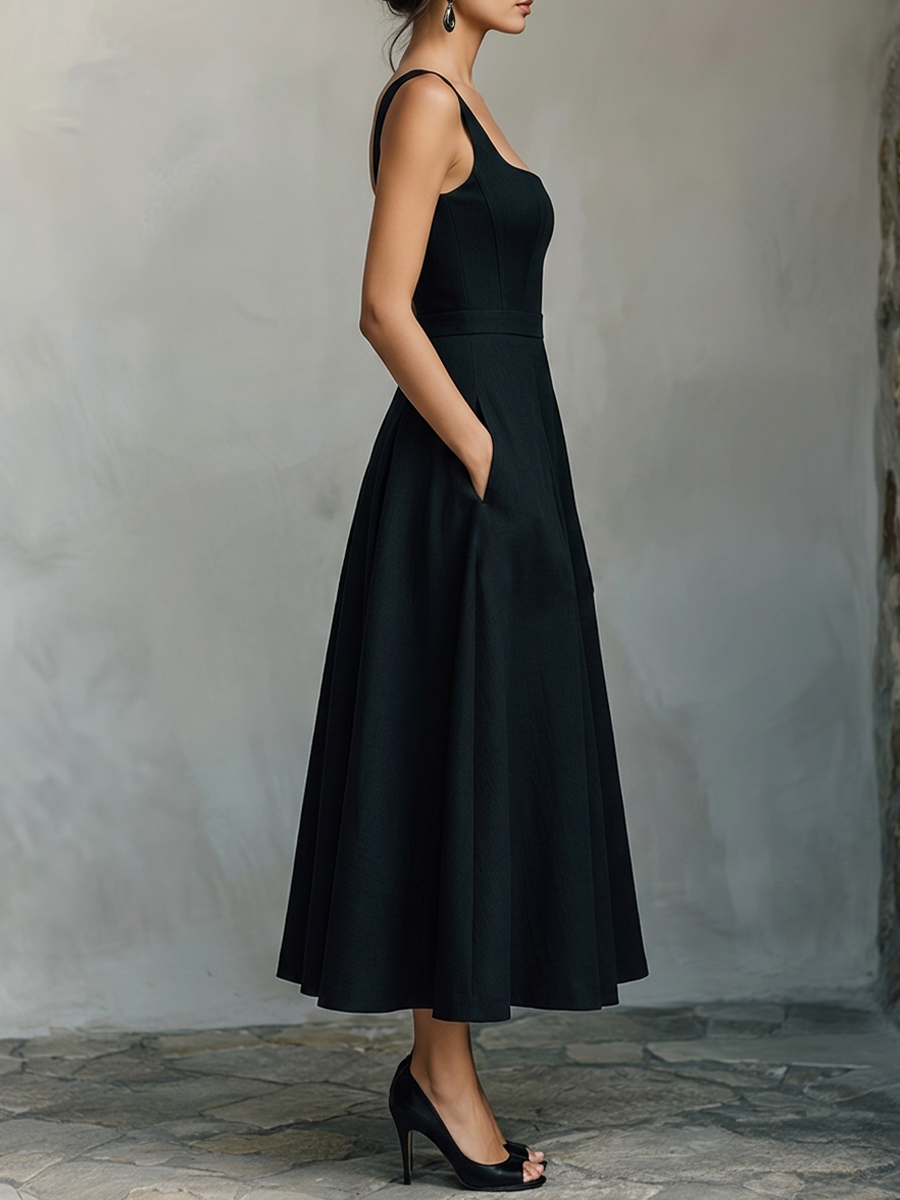 Black Maxi Dresses for Women Made of Cotton with a Wide Square Neckline, Thick Straps, and Side Pockets, Elegant Minimalist Swing Dress MDZ2269F2LYL