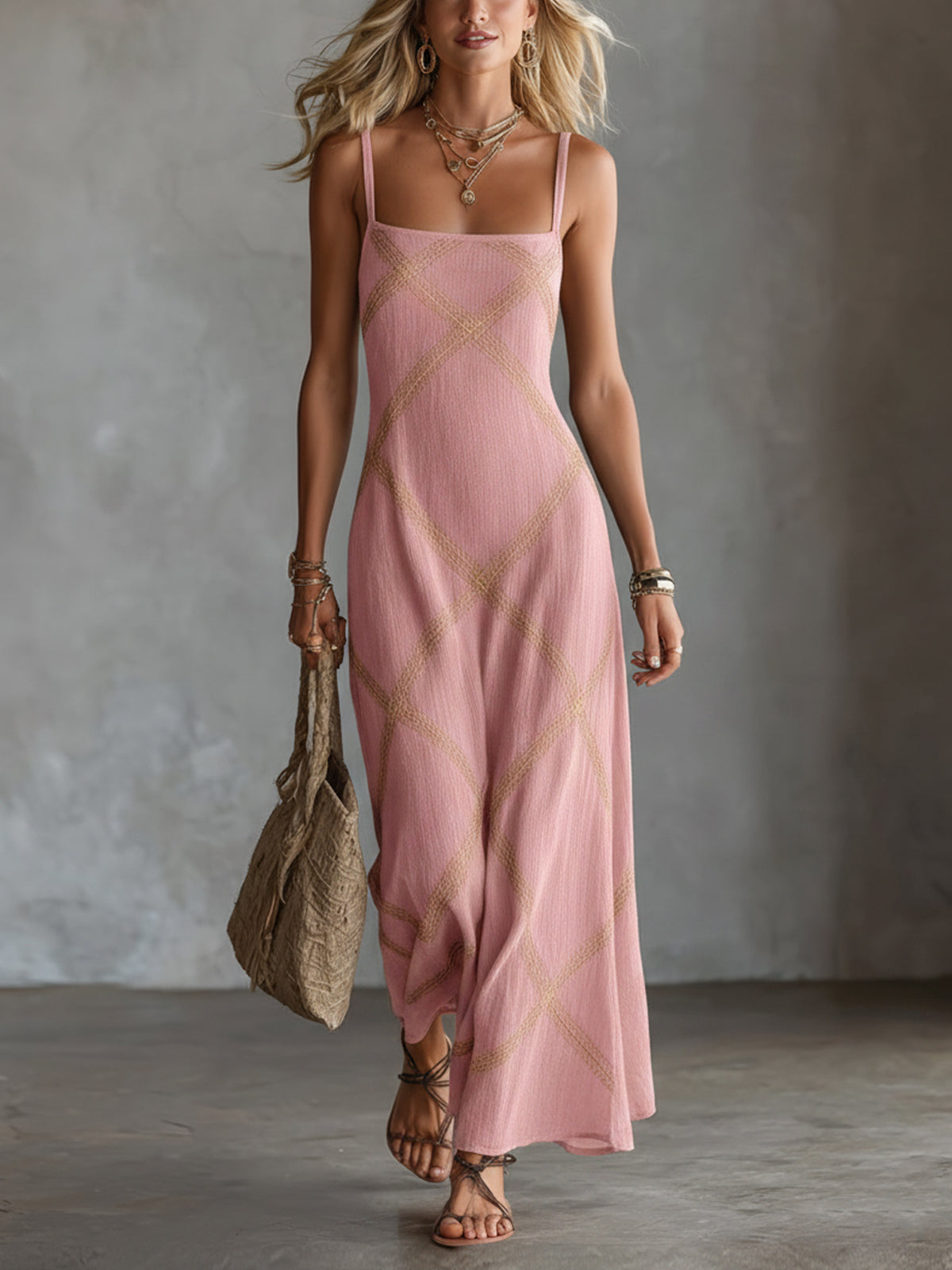 Elegant Maxi Dresses in Black-Camel with Geometric Print and Spaghetti Straps