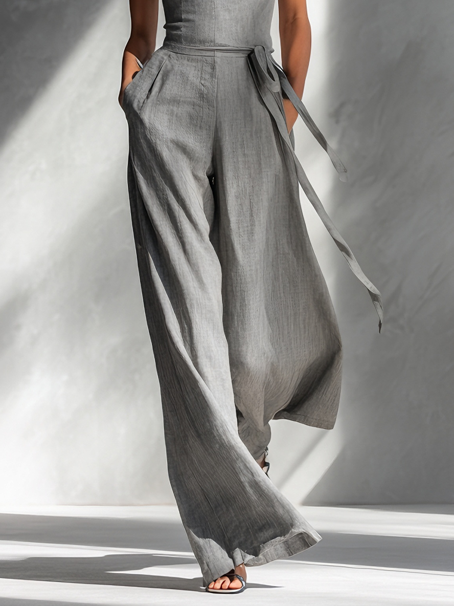 Minimalist Women's Grey Linen Jumpsuit with Spaghetti Straps, Square Neckline, Tie Belt, and Wide Legs MDA2666L5AU