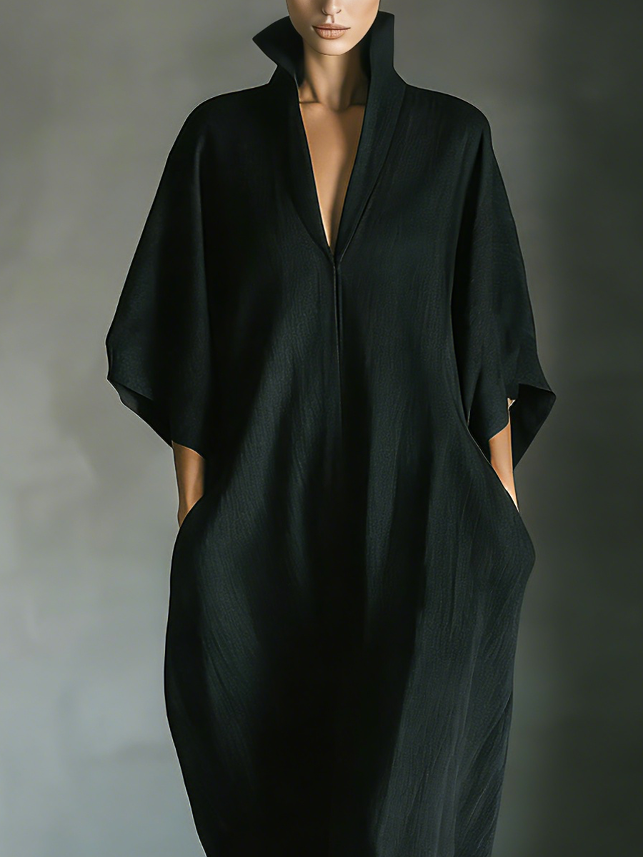 Maxi Dress with Wide Kimono Sleeves for Women in Black Cotton Fabric with Pockets MDZ0577A3T